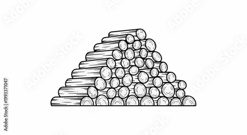 A black and white illustration of a triangular pile of logs