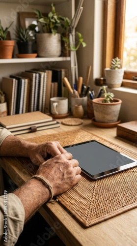 Overhead view of a person's hands resting on a wooden desk with a tablet computer, notebooks, potted plants, and writing utensils arranged neatly.