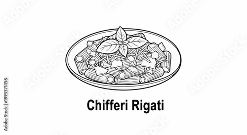 A black and white illustration of rigatoni pasta with basil on a plate