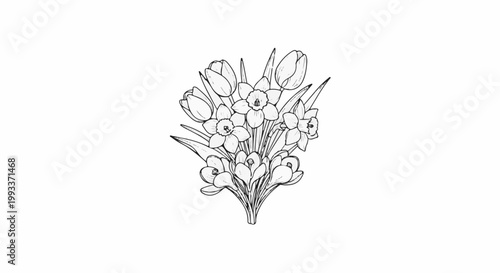 A black and white line drawing of a spring bouquet of flowers