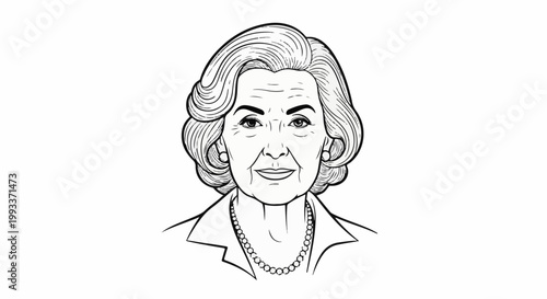 A black and white line drawing of an older woman with styled hair and pearl jewelry