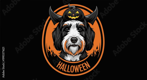 A dog wears devil horns and a jack-o-lantern on its head for Halloween