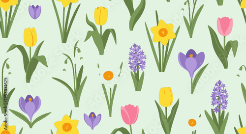 Seamless Pattern of Various Spring Flowers Blooming.