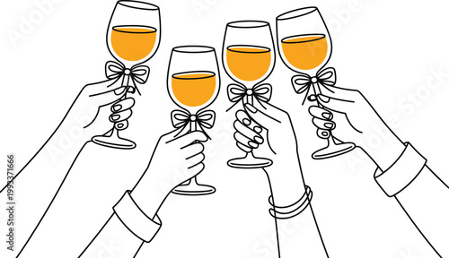 Four hands holding wine glasses for a celebratory toast design vector.