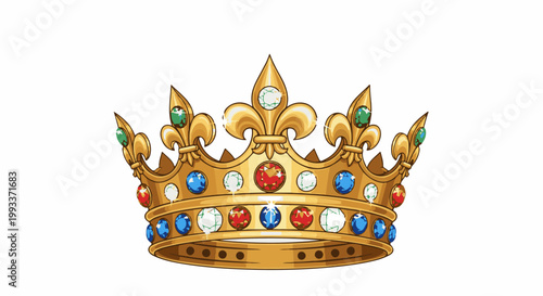 A golden crown adorned with colorful gemstones and fleur-de-lis accents