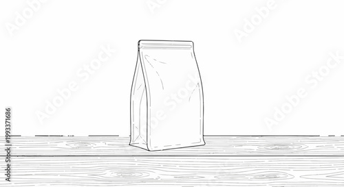 A line drawing of a stand-up pouch bag on a wooden surface