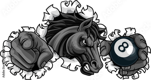 Horse mustang bronco stallion angry pool billiards sports team mascot holding a ball.