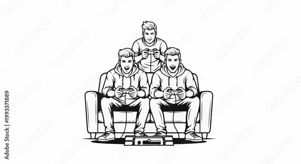 © davina - Three friends engrossed in playing video games together on a sofa
