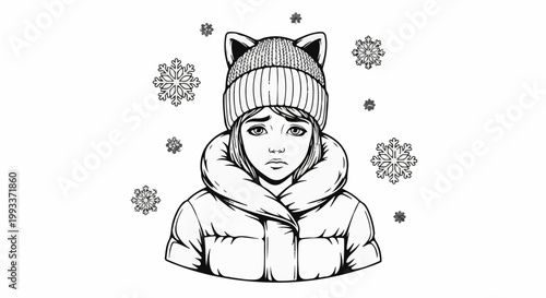 A worried girl in a cat-ear hat and puffer jacket in falling snow
