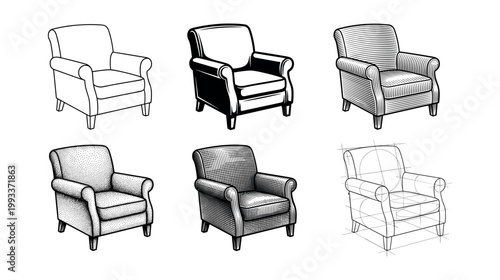 Different types of chairs are shown with outlines and designs in a simple arrangement for furniture design reference