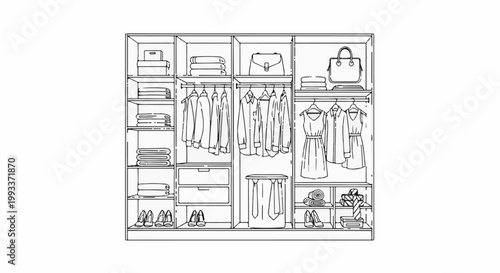 An open wardrobe displays folded clothes, hanging garments, bags, and shoes