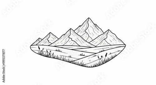 Abstract line art of rolling hills with grasses leading to jagged mountain peaks