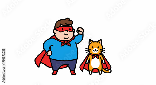 Cartoon Superhero and Cat - Dynamic Duo Ready for Action and Adventure.