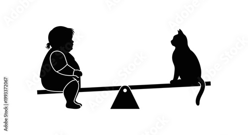 Child and Cat Balance on a Simple Seesaw Silhouette.