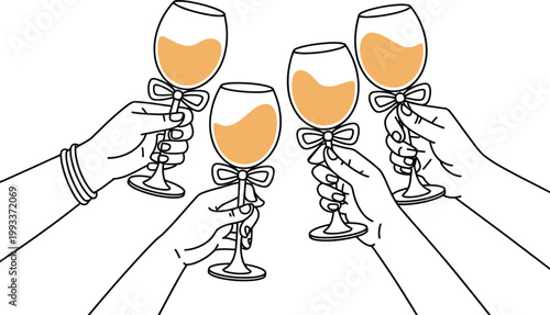 Line art illustration of multiple hands clinking wine glasses in vector.