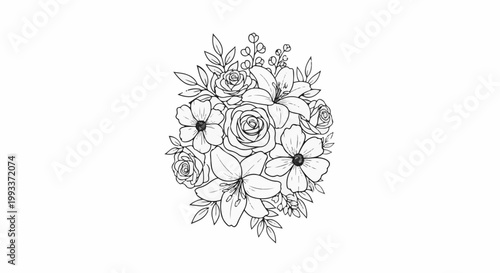 Delicate line art floral arrangement featuring roses and lilies with leaves