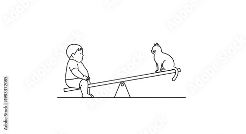 Child and Cat Enjoying Playtime on a Simple Seesaw.
