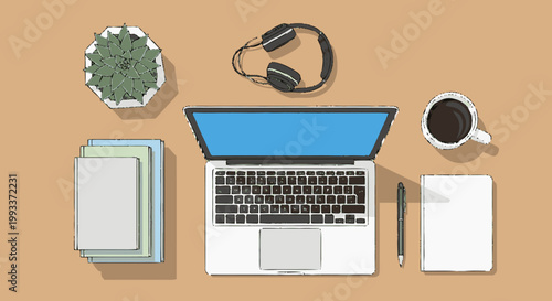 Top View of a Modern Laptop and Office Supplies.
