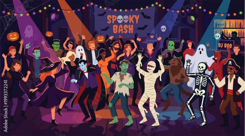 Halloween Costume Party Vector Illustration Festive Spooky Bash with Dancing People Ghosts and Decorations for Holiday Celebrations