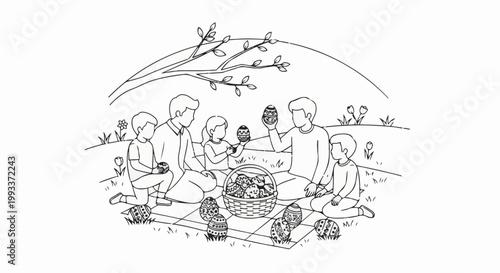 Family enjoys Easter egg hunt in a park under a tree