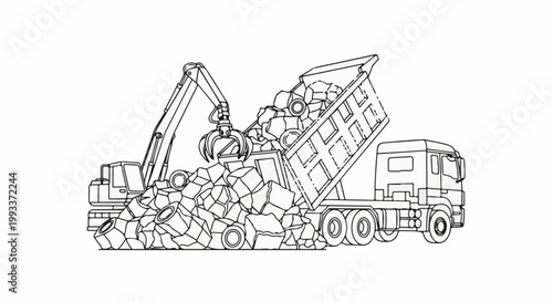 Excavator loading rocks into a dump truck on a white background