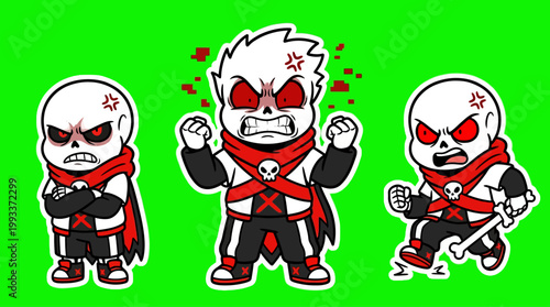 Angry Cartoon Characters with Red Eyes and Expressions on Green Background.