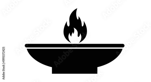 Black and white illustration of a burning flame in a bowl.