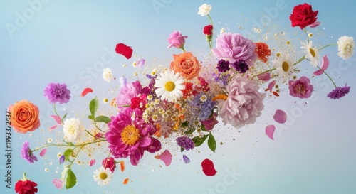 Explosion of colorful flowers and petals suspended in mid air on soft sky backdrop, creating dynamic floral swirl that evokes spring energy, romance and joyful celebration

