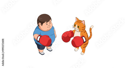 Cartoon Boxer and Cat Ready to Fight in Boxing Match.