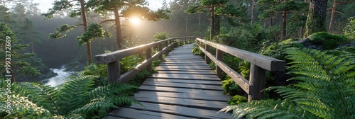 Wooden boardwalk winding through a lush green forest with a river and sunbeams