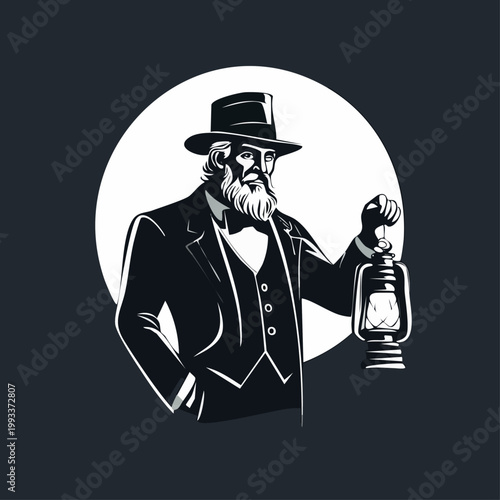 Distinguished bearded gentleman holding a vintage lantern illustration.