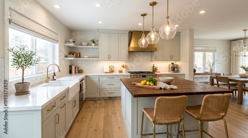 Modern Kitchen Island with Bar Stools and Pendant Lights in a Bright, Airy Home