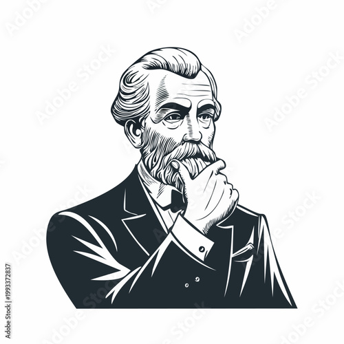 Vintage portrait of an old man in a suit with a beard, thinking.