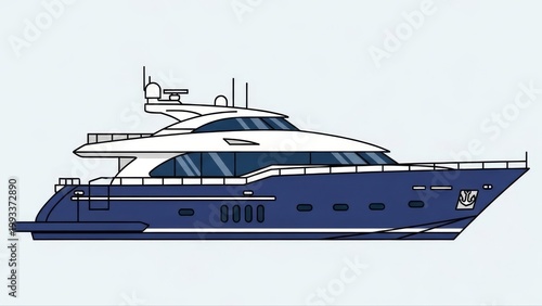 Blue and white luxury yacht, elegant detailed superyacht profile vector illustration isolated on light background for maritime and travel design.