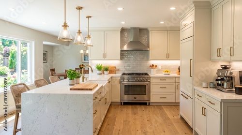 Modern Luxury Kitchen Interior with Island, Stainless Steel Appliances, and Pendant Lights