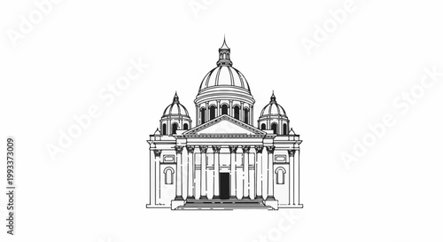Stylized line drawing of a grand classical building with multiple domes