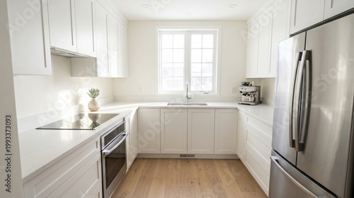 Modern white kitchen with stainless steel appliances and natural light