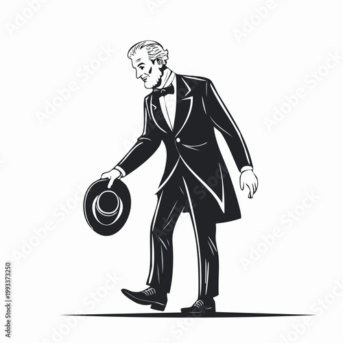 A man in a tuxedo and hat bows politely.