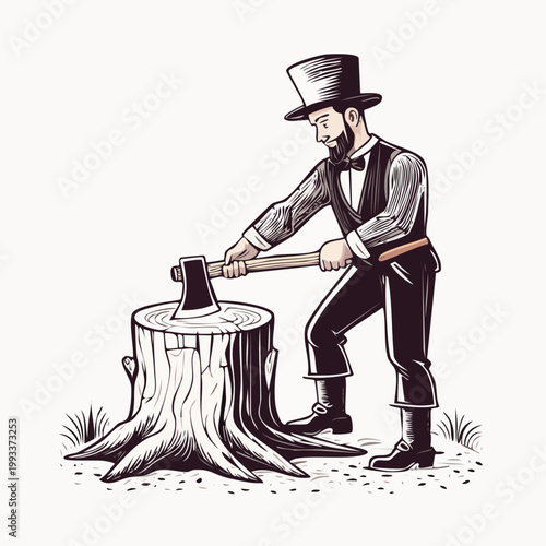 Vintage man in top hat chops tree stump with axe