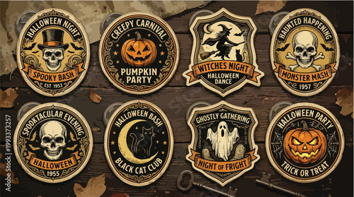 Halloween Party Emblems Collection Spooky Vintage Badges and Labels with Skulls Pumpkins Witches and Ghosts for Festive Celebrations