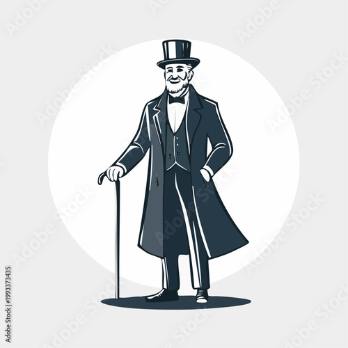 A smiling gentleman in vintage attire with a top hat and cane.