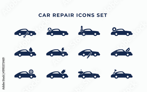 Car repair icons set simple flat style. Automotive service symbol collections. Car repair shop logo signs vector illustration