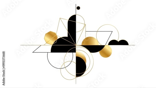 Abstract geometric vector composition with gold and black shapes, luxury modern art illustration featuring circles, lines and polygons for branding and background design.
