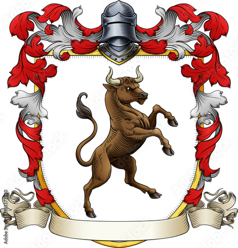 Bull coat of arms or crest family heraldry medieval heraldic knight shield with helmet and acanthus filigree scroll ornament. In a vintage woodcut style.