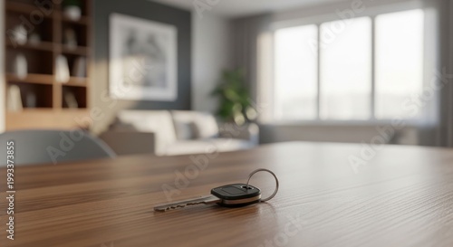 Close-up of a key on a wooden table in a blurred living room setting.