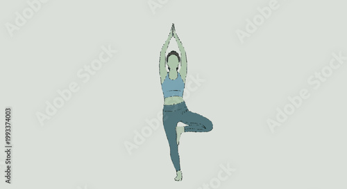 Woman practicing yoga tree pose on light grey background.