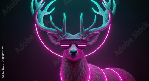 Retro neon deer with glowing antlers and sunglasses outlined in bright pink rings, blending synthwave aesthetics, cyberpunk vibes and futuristic digital wildlife iconography

