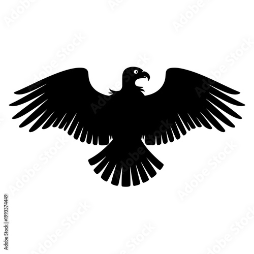Majestic eagle silhouette featuring wide spread wings and sharp predatory beak design isolated on a solid white background perfect for heraldry logos and patriotic graphic emblem projects