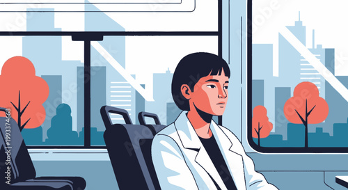 Young woman looking out bus window during commute.