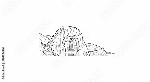 A striking black and white sketch of a grand rock face with a recessed statue